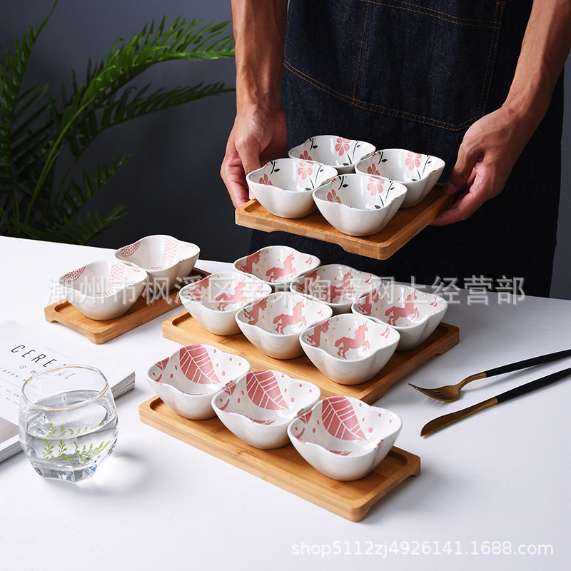 Bamboo Wooden Plate Ceramic Flavor Dish Tray Bamboo Tray Vinegar Dish Dipping Dish Commercial Personalized Decorative Plate Display Wooden Plate Storage