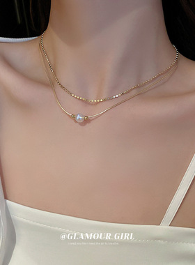 彩光人鱼姬珍珠链条多层项链韩国复古设计感锁骨链时尚气质项饰女