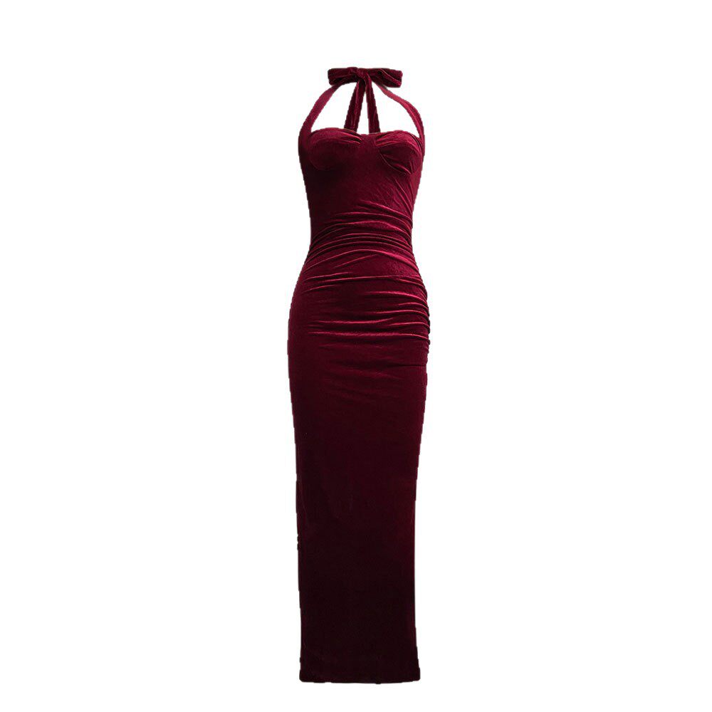 Summer Velvet Bodycon Maxi Dress Solid Color Halter Neck Slim Fit Sexy Style Perfect for Parties and Night Out