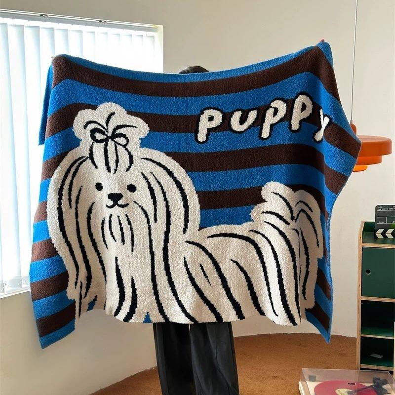 F8H American-Style Blue Striped Multifunctional Knitted Half Blanket, Nap Blanket, Thickened Blanket for Bed