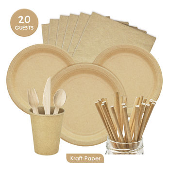 Brown Packing Paper Disposable Tableware Set Fsc Paper Plate Paper Towel Party Party Annual Meeting Table Decoration 20-Piece Set