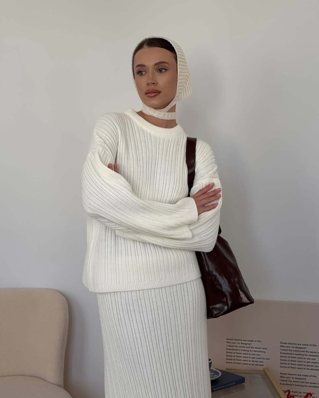 Womens Chunky Knit Sweater Set Solid Color Round Neck Loose Fit Includes Wide Leg Pants and Scarf Autumn Winter