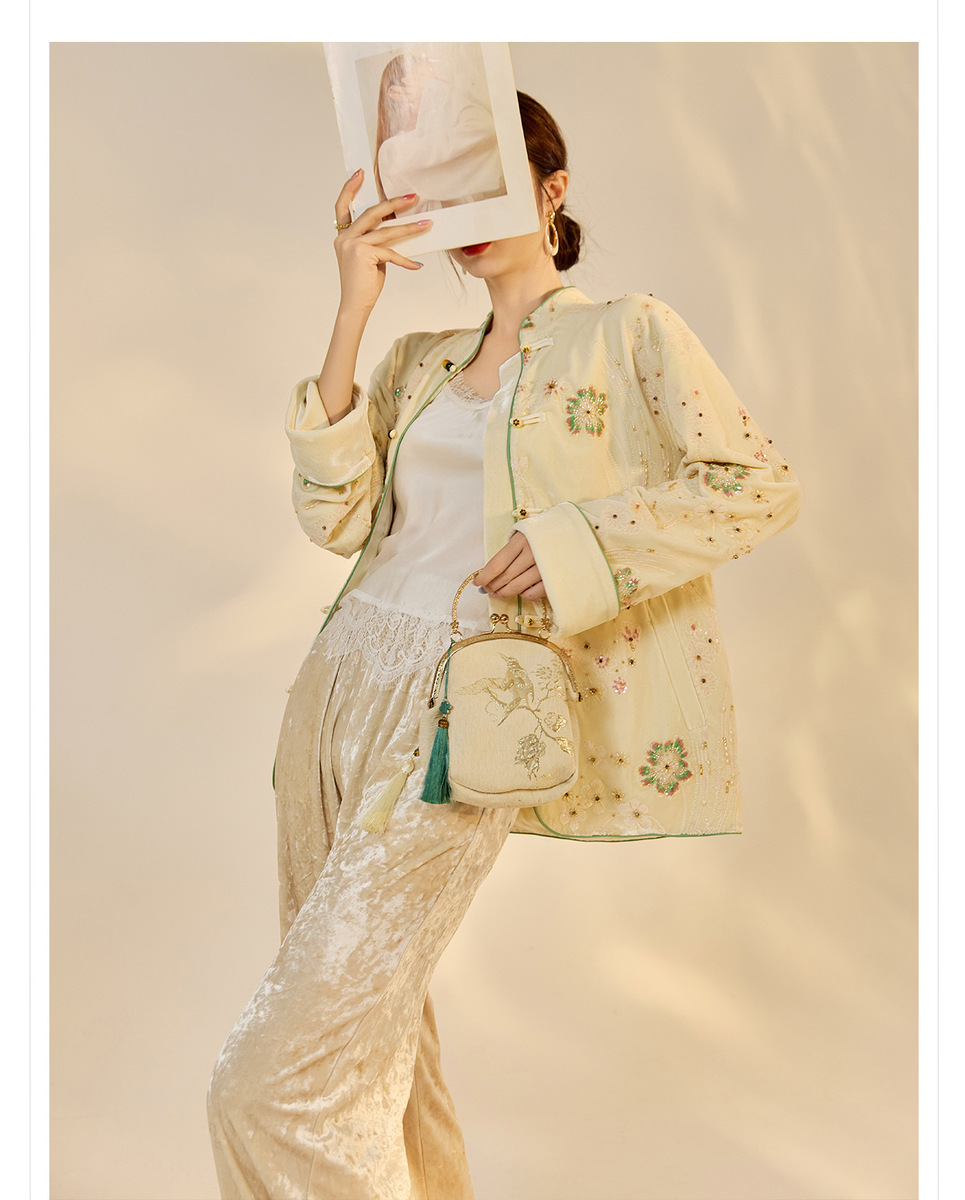 Áo khoác dạ nữ thêu cườm cổ đứng dáng suông — mơ, Mơ [phiên bản cotton]