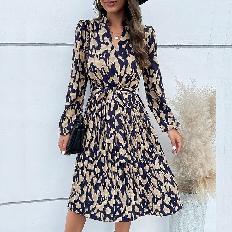 Womens Long Sleeve Pleated Floral Dress Autumn Fashion Elegant Style Comfortable Fit Wholesale Available