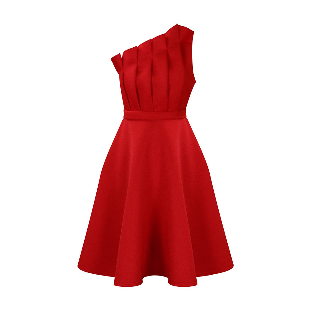 Plus Size Womens Summer Dress Sexy Asymmetrical Neckline High Waist Pleated Design Evening Party or Banquet Wear