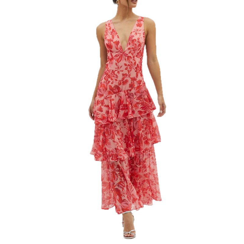 Fashionable Printed Cake Dress Summer Deep V Neck Shoulder Straps Vacation Style Wholesale Available