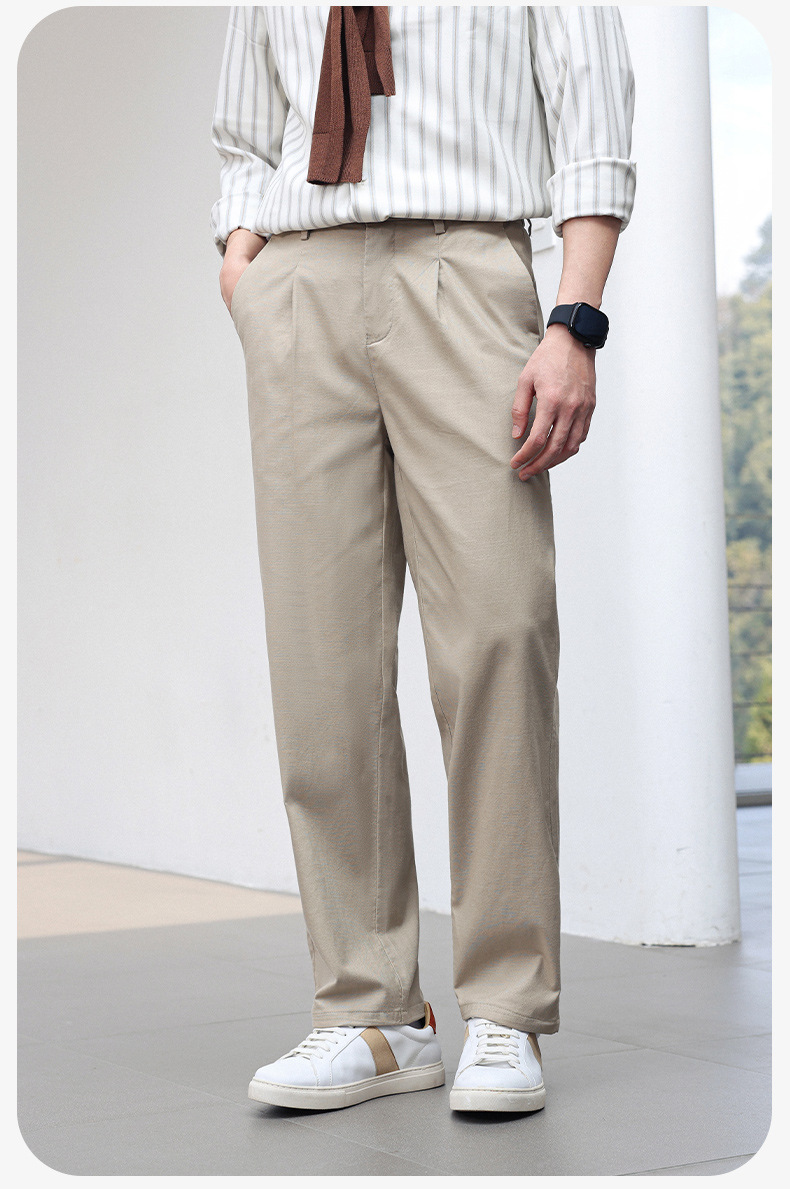 Quần dài nam vải tencel cotton lanh ống đứng co giãn lưng thun thoáng mát — màu đen, Xanh tím than, Màu trắng, Màu kaki