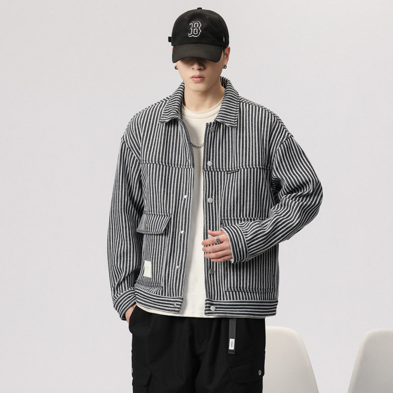 Áo Khoác Công Sở Nam Dáng Rộng Dày Dặn Họa Tiết Sọc Phong Cách Casual Màu Đen Trắng