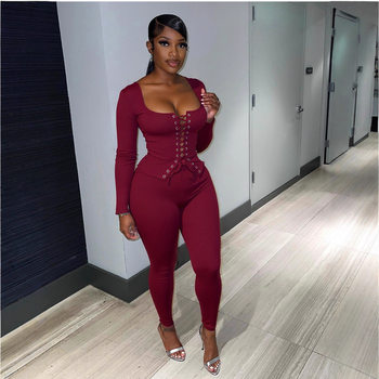 Cross-Border European and American Style 2025 New Autum Women's Hot Girl Chest Strap Long-Sleeved Pants Pure Color Slim Two-Piece Set