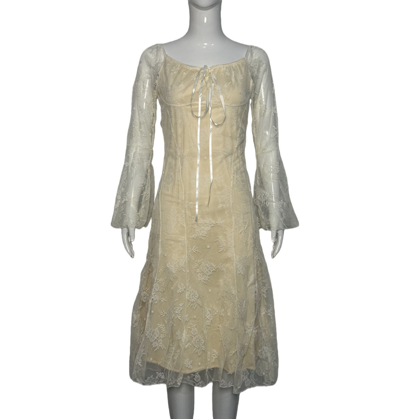 Lace V Neck Hollow Out Dress Elegant Fit Spring Summer Style Slimming Design Wholesale Available