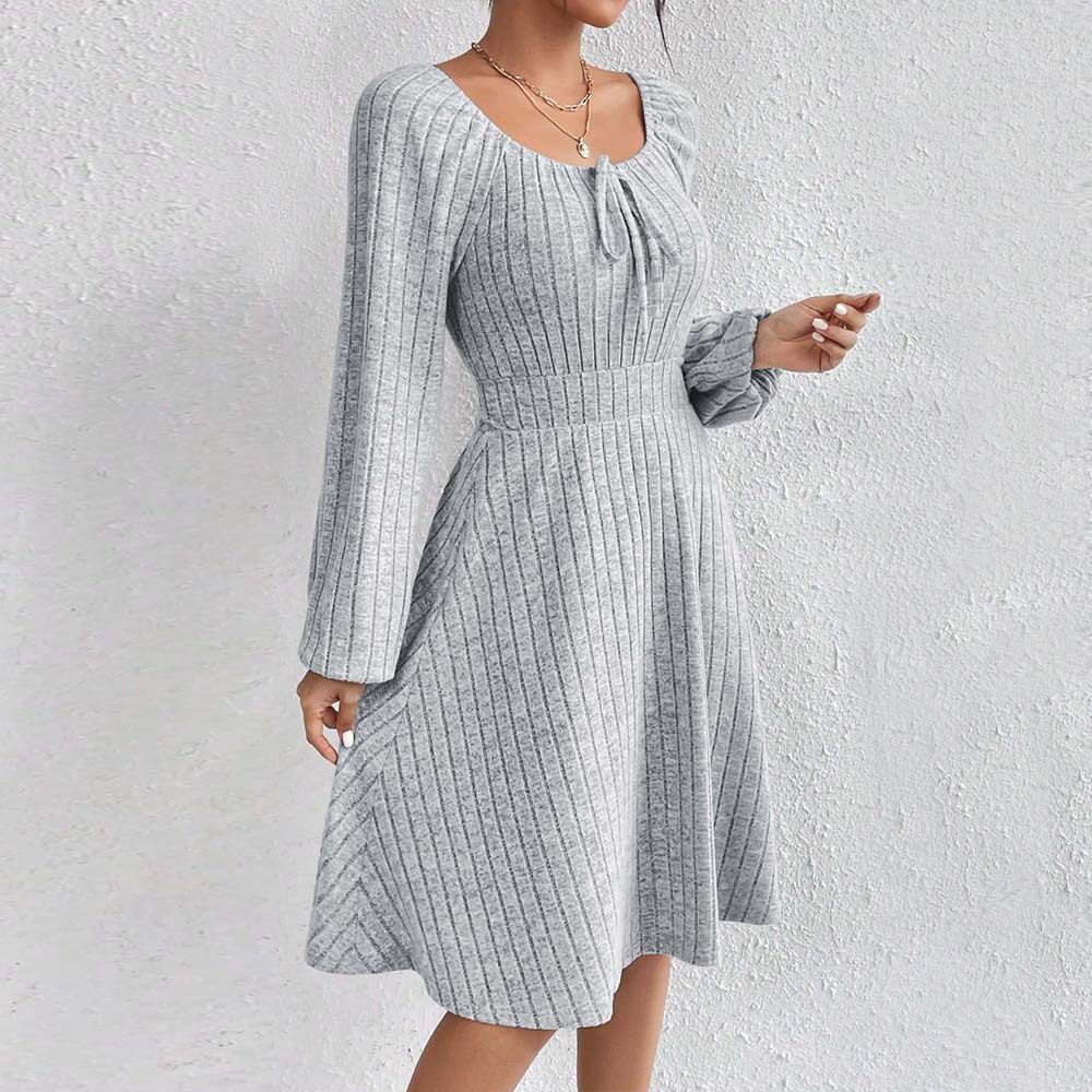 Womens Spring Summer Dress Square Neck Waist Tie Flared Skirt Long Sleeve Striped Fabric Casual or Party Wear