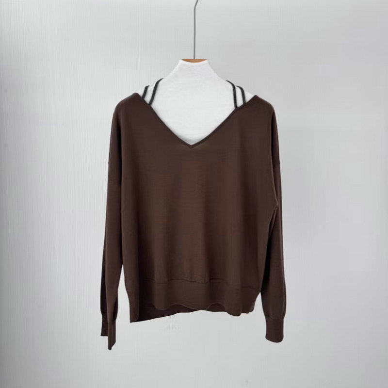 跨境女装26春夏新款BC风V领珠链挂脖针织衫美丽诺羊毛长袖上衣