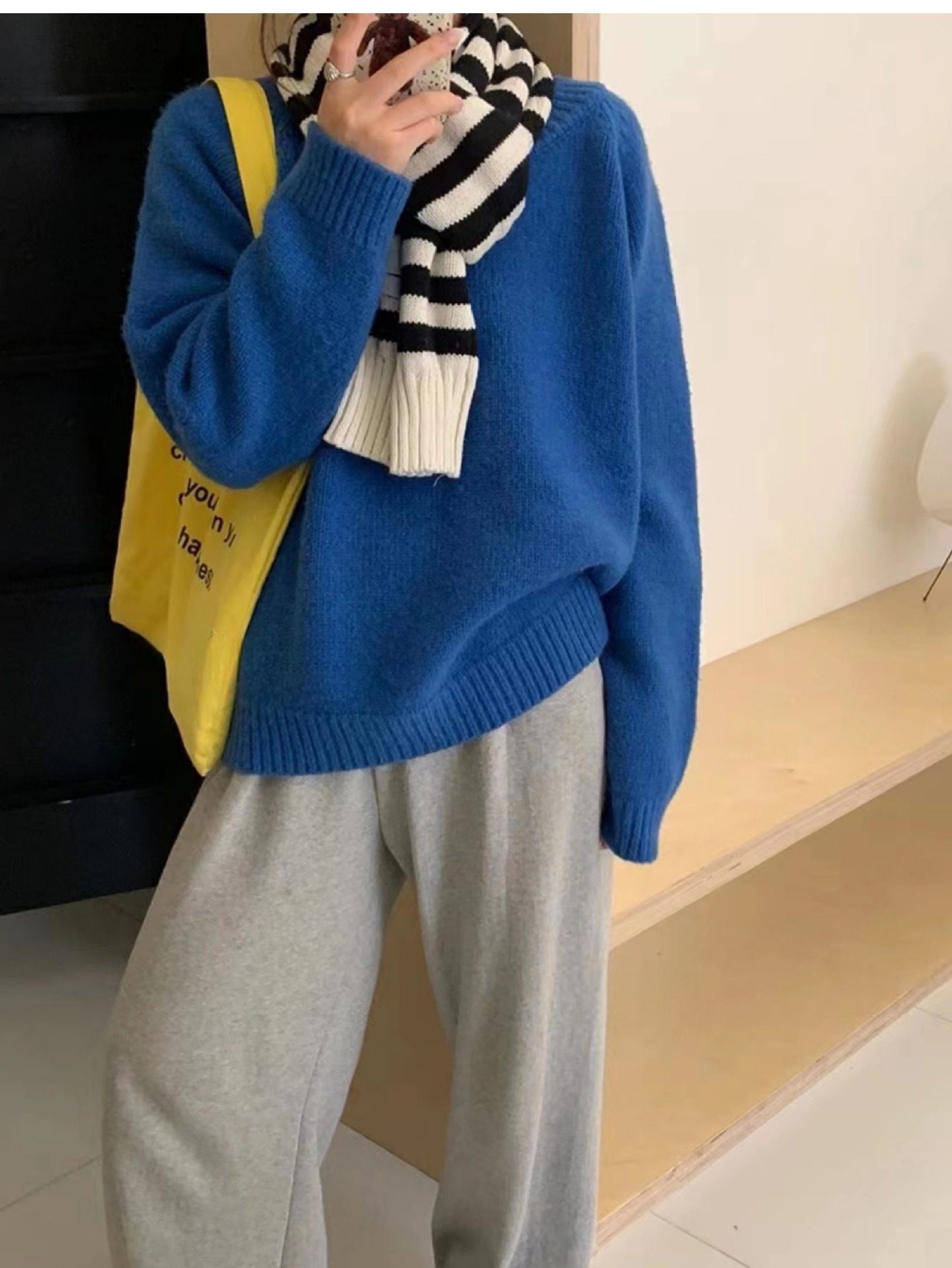 秋冬季圆领皮标糖果色套头毛衣女韩系别致内搭宽松显瘦针织衫上衣