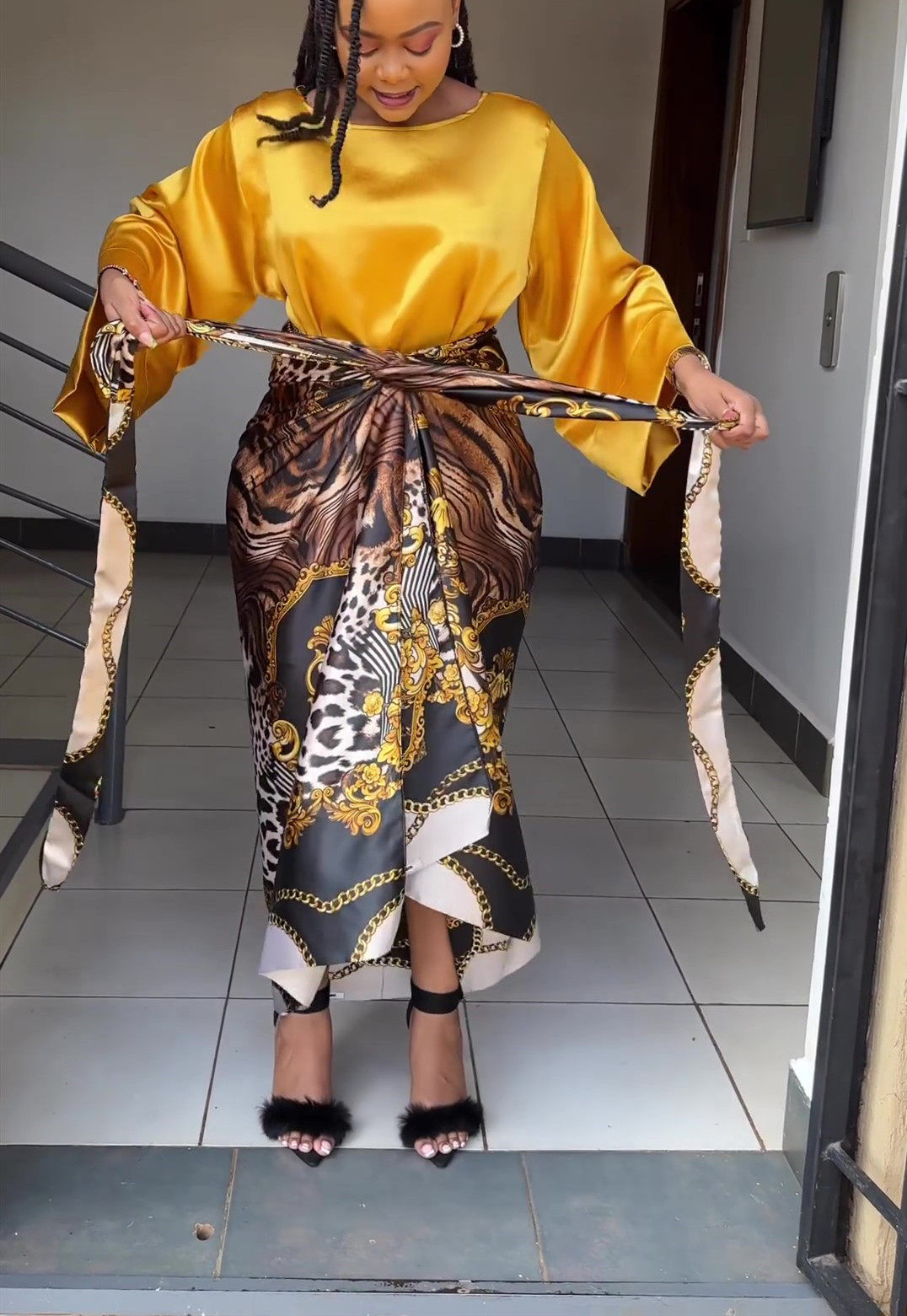 L0396 速卖通 亚马逊欧美时尚绑带印花气质连衣裙套装夏季半袖不