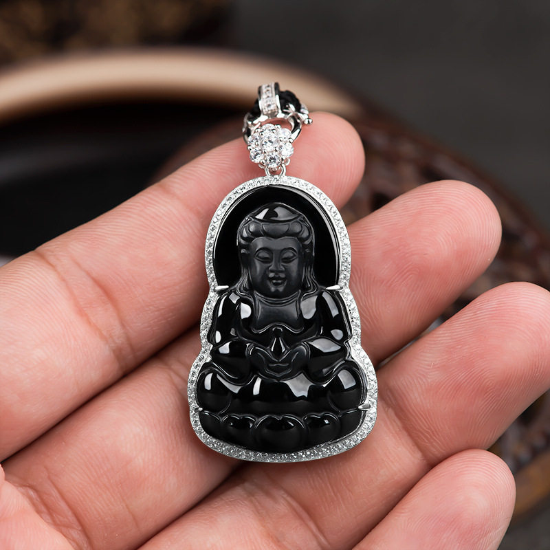 s925银镶嵌翡翠墨玉观音吊坠天然墨翠a货透绿玉石挂件女项链首饰
