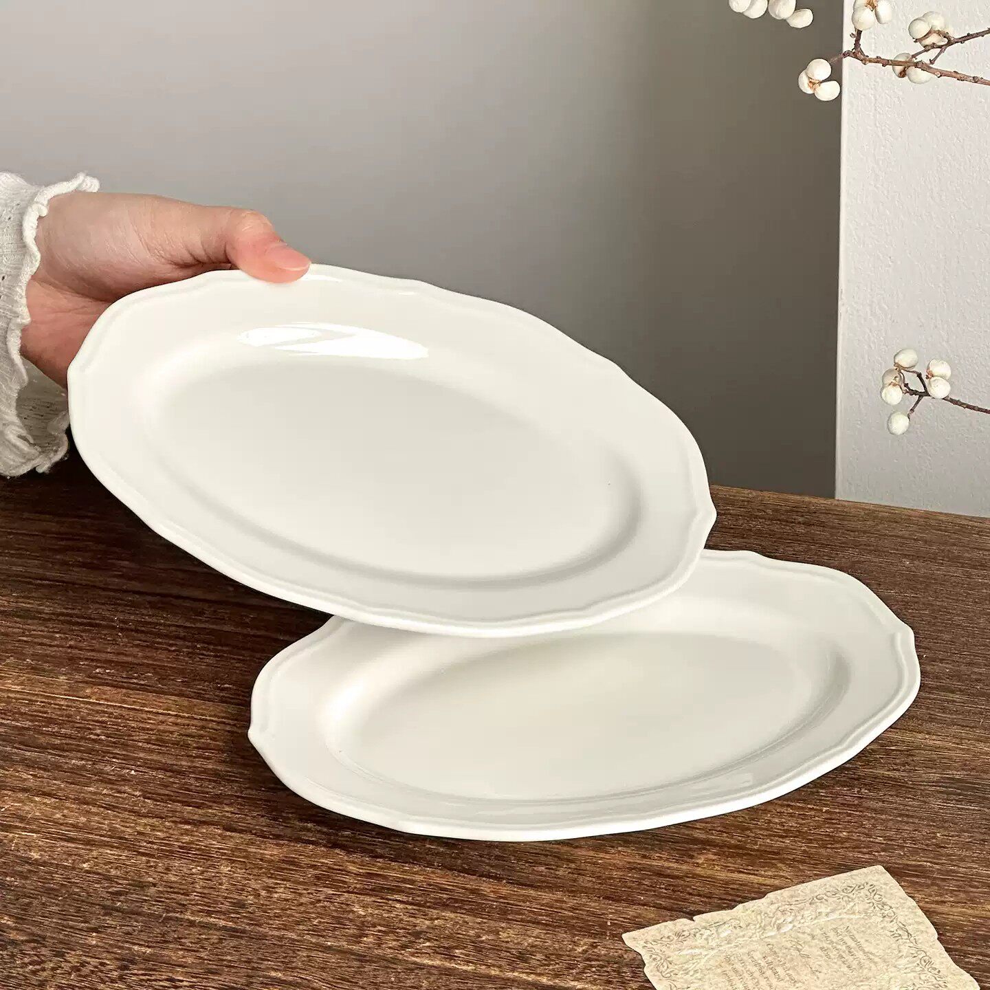 French Retro Ceramic Oval Plate Cake Dessert Plate Breakfast Plate Steak Western Food Plate White Plate Flat Plate