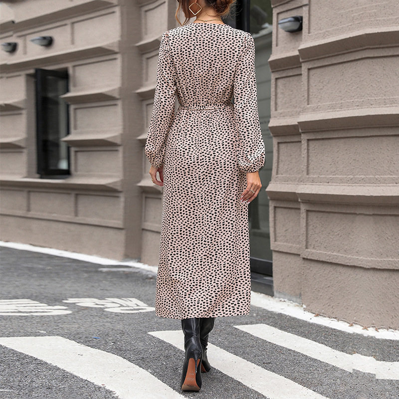 Long Sleeve Leopard Print Dress Elegant Design Comfortable Fabric Trendy Style Perfect for Fall Occasions Wholesale
