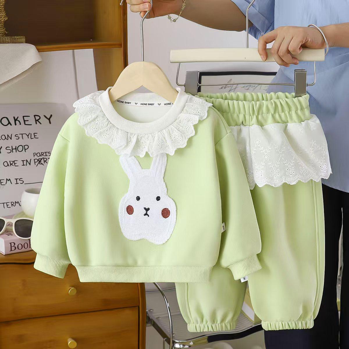 Ensemble de deux pièces fille nouveauté printemps-automne, sweat à capuche col lapin dessin animé volant dentelle et pantalon dentelle