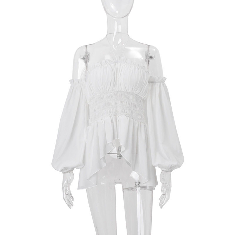 Off Shoulder Ruffled Blouse Slim Fit Lantern Sleeves Wrinkled Fabric Spring Fashion Wholesale Available