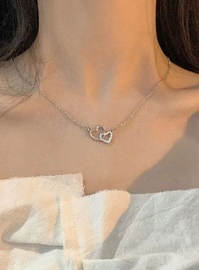 双环爱心锆石项链女夏轻奢小众设计感网红配饰韩国温柔甜美锁骨链