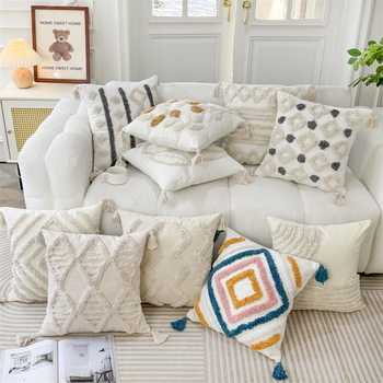 Cross-Border Dropshipping Embossed Tufted Bohemian Tassel Woven Knotted Handmade Pillow Cover Sofa Bed and Breakfast Cushion