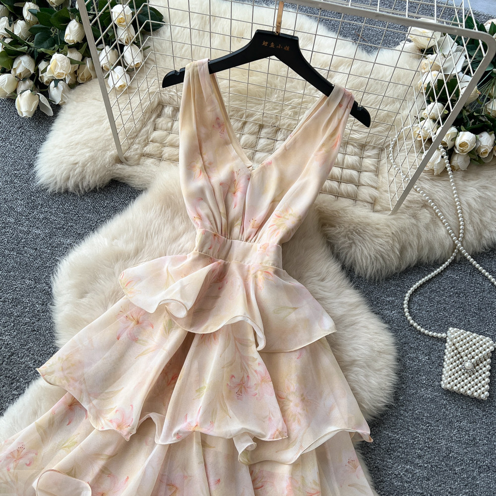 Floral Print V Neck Halter Dress Sleeveless Ruffle Hem Slim Fit Summer Casual Wear Wholesale Available