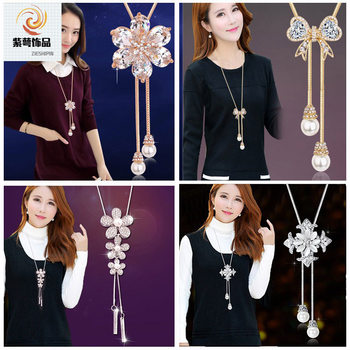 New Bow-Knot Crystal Long Sweater Chain Fashion Chain Tassel Pendant Necklace Clothing Accessory Simple