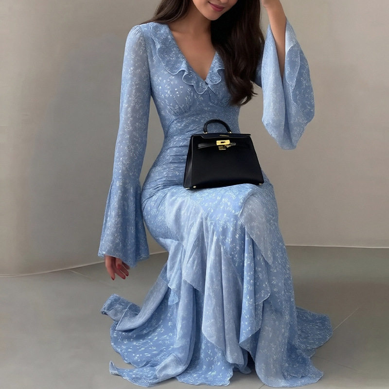 Womens Spring Dress Elegant Floral Print Asymmetrical Waist Design Stylish and Chic Wholesale Available