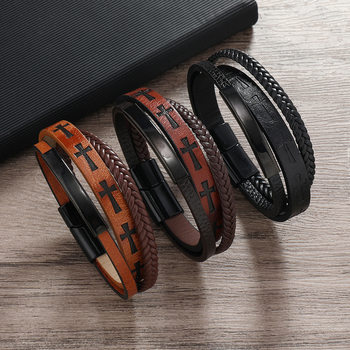 New cross-border jewelry printed cross men's leather woven magnet buckle bracelet European and American versatile simple bracelet