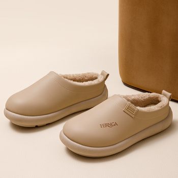 New Pu Cotton Slippers for Women 2025 Autumn and Winter New Home Thick-Soled Fleece-Lined Anti-Slip Waterproof Cotton Shoes for Men