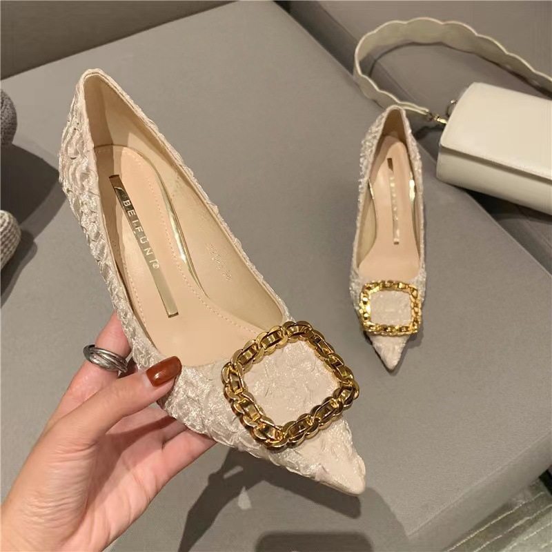 fashion pleated square buckle shallow-mouth stiletto shoes for women