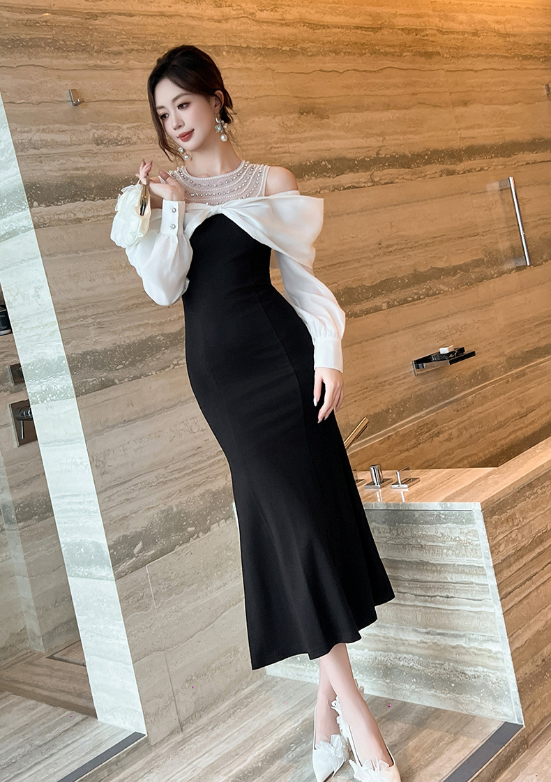 Đầm dài nữ trễ vai thiết kế đuôi cá thanh lịch — Màu đen