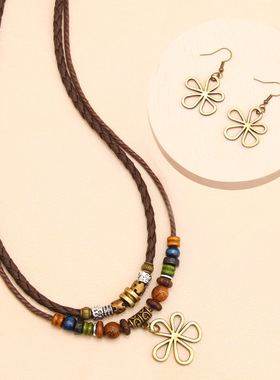 欧美跨境热销潮流个性五叶草串珠蜡绳项链毛衣链时尚耳环项链套装