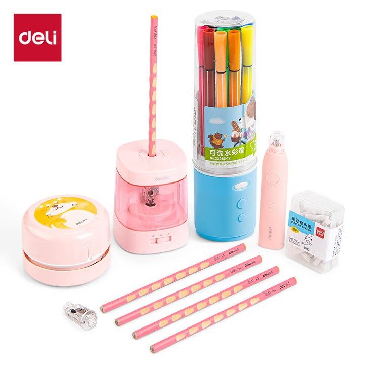 Deli 33303A Student Electric Stationery Set Desktop Cleaner Electric Eraser Electric Pencil Sharpener Gift Box