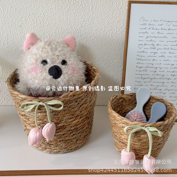 Sweet Tulip Woven Storage Basket Original Handmade DIY Straw Hug Bucket Desktop Sundries Brush Organizer Basket
