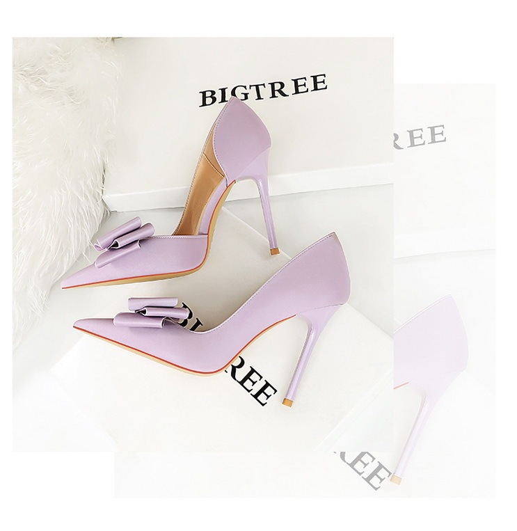 Giày cao gót nữ mũi nhọn gót siêu cao 10.5cm mặt lụa satin thắt nơ hở hông — Màu đen, Màu đỏ hoa hồng, Màu đỏ rượu, Màu hồng