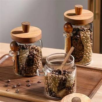 Coffee Bean Storage Jar Borosilicate Glass Acacia Wooden Lid Moisture-proof Seasoning Bottle Kitchen Grain Storage Jar