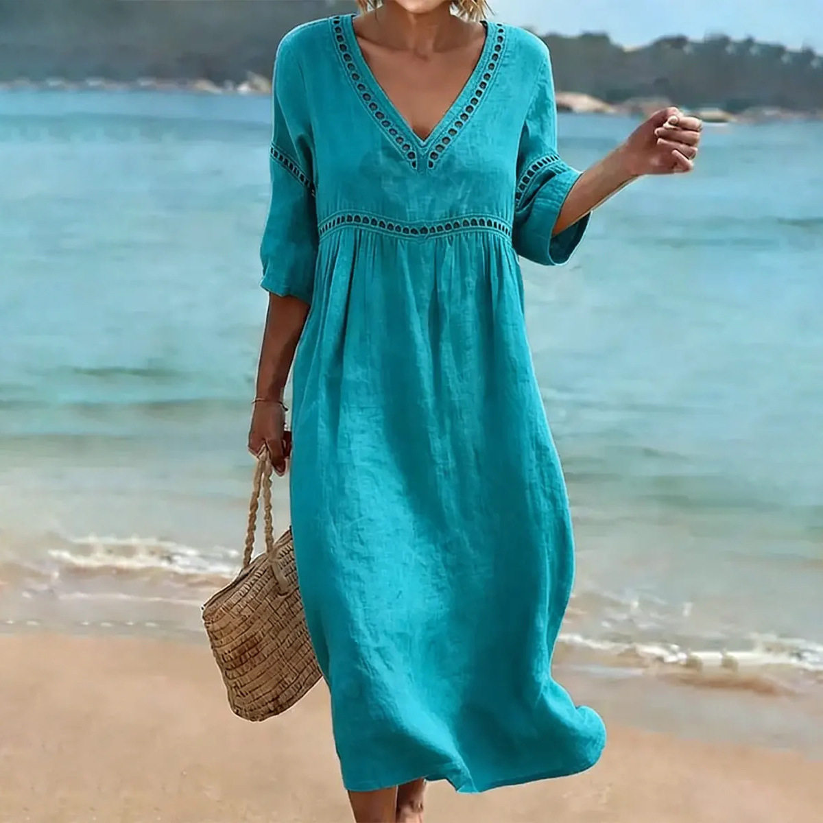 Summer Casual V Neck Dress Loose Fit Solid Color Vacation Style Wholesale Available low MOQ customizable