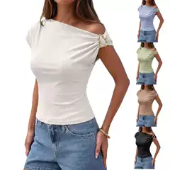 2026 Amazon EU/US Cross-Border Fashion Knit Slim Asymmetric Off-Shoulder Metal Button T-Shirt for Women