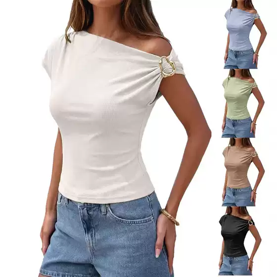 2026 Amazon EU/US Cross-Border Fashion Knit Slim Asymmetric Off-Shoulder Metal Button T-Shirt for Women