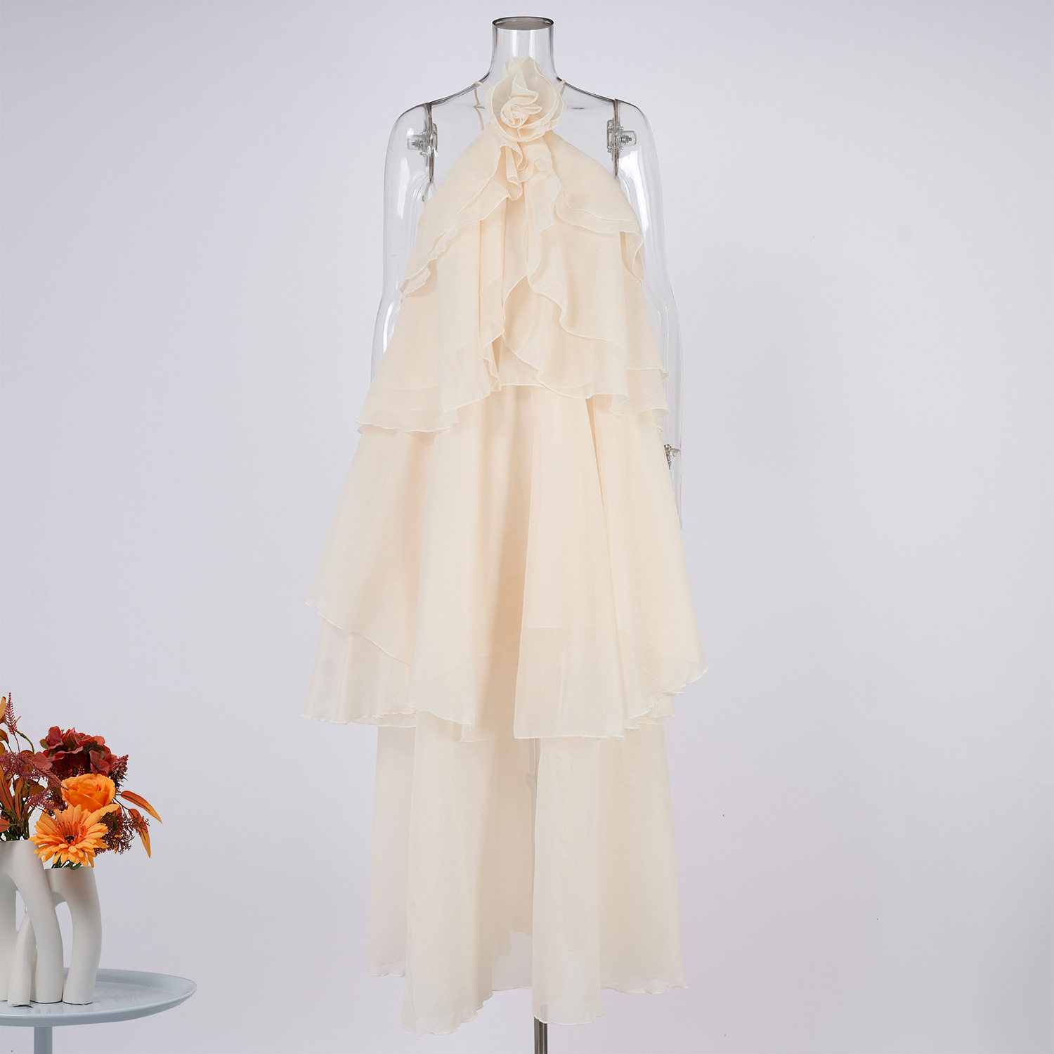 Backless Ruffle Hem Maxi Dress Elegant Floral Embellishments Vacation Style Wholesale Available