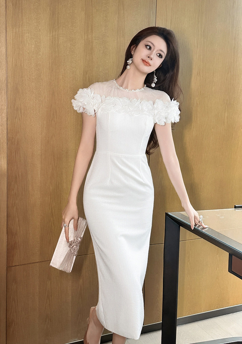 Đầm ôm body nữ trắng tay phồng cổ tròn dáng dài – Thiết kế quyến rũ cho cô dâu và dự tiệc — [Trắng] chi tiết 8