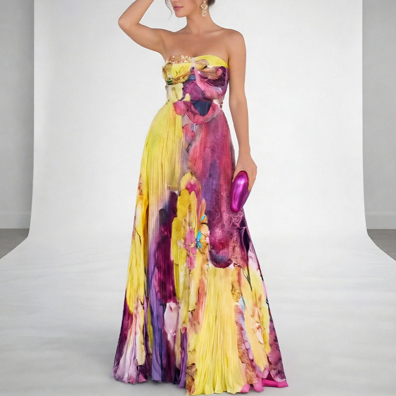 Summer Womens Dress Elegant Floral Print Strapless Design Comfortable Fabric Perfect for Parties and Events