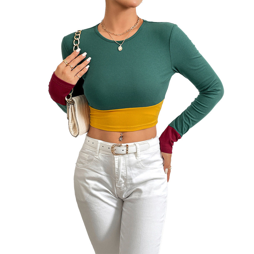 Womens Color Block Long Sleeve T Shirt Slim Fit Round Neck Stylish Design Autumn Winter Fashion Wholesale Available