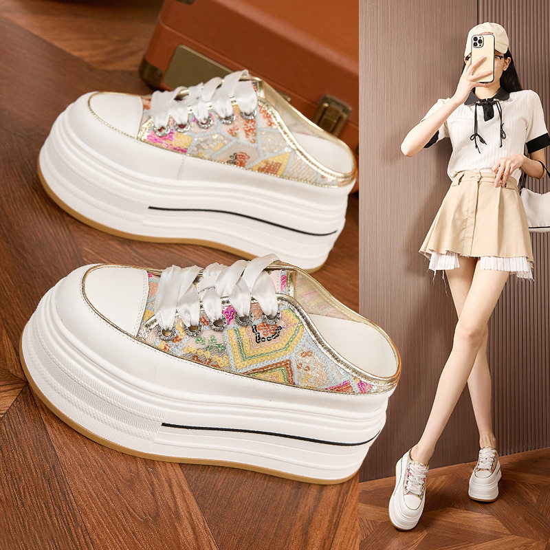 Sandal cao gót nữ hở mũi quai ngang đế dày, gót siêu cao 8 cm, phong cách thể thao — Trắng, Bạch kim