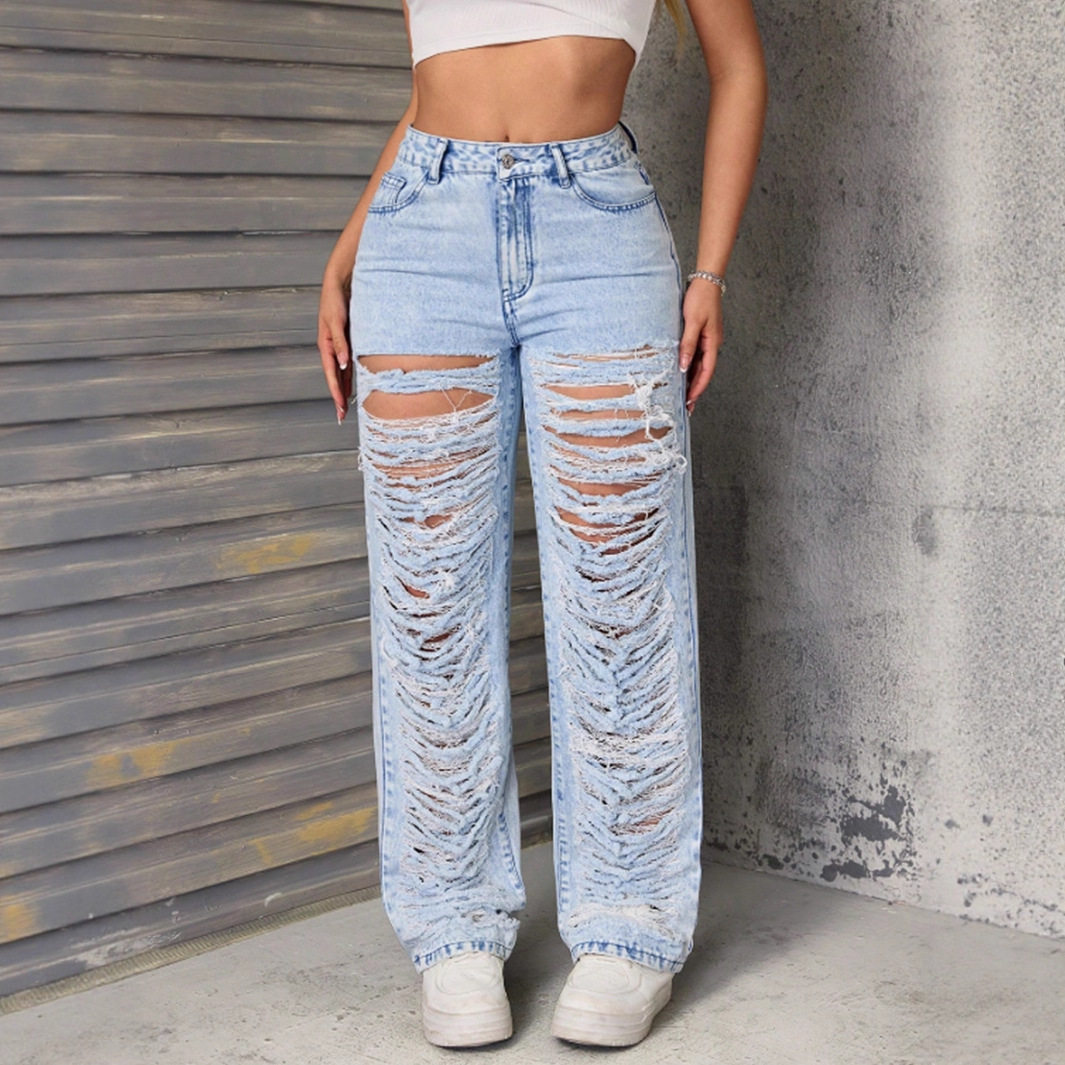 High Waisted Flare Jeans Ripped Design Stretch Fabric Casual Style Womens Fashion for Spring and Summer Wholesale