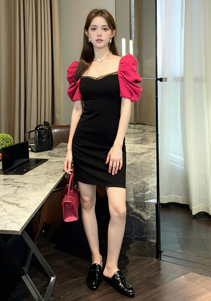 Đầm ôm body nữ phong cách Pháp cổ vuông tay bồng — [Đen] chi tiết 6