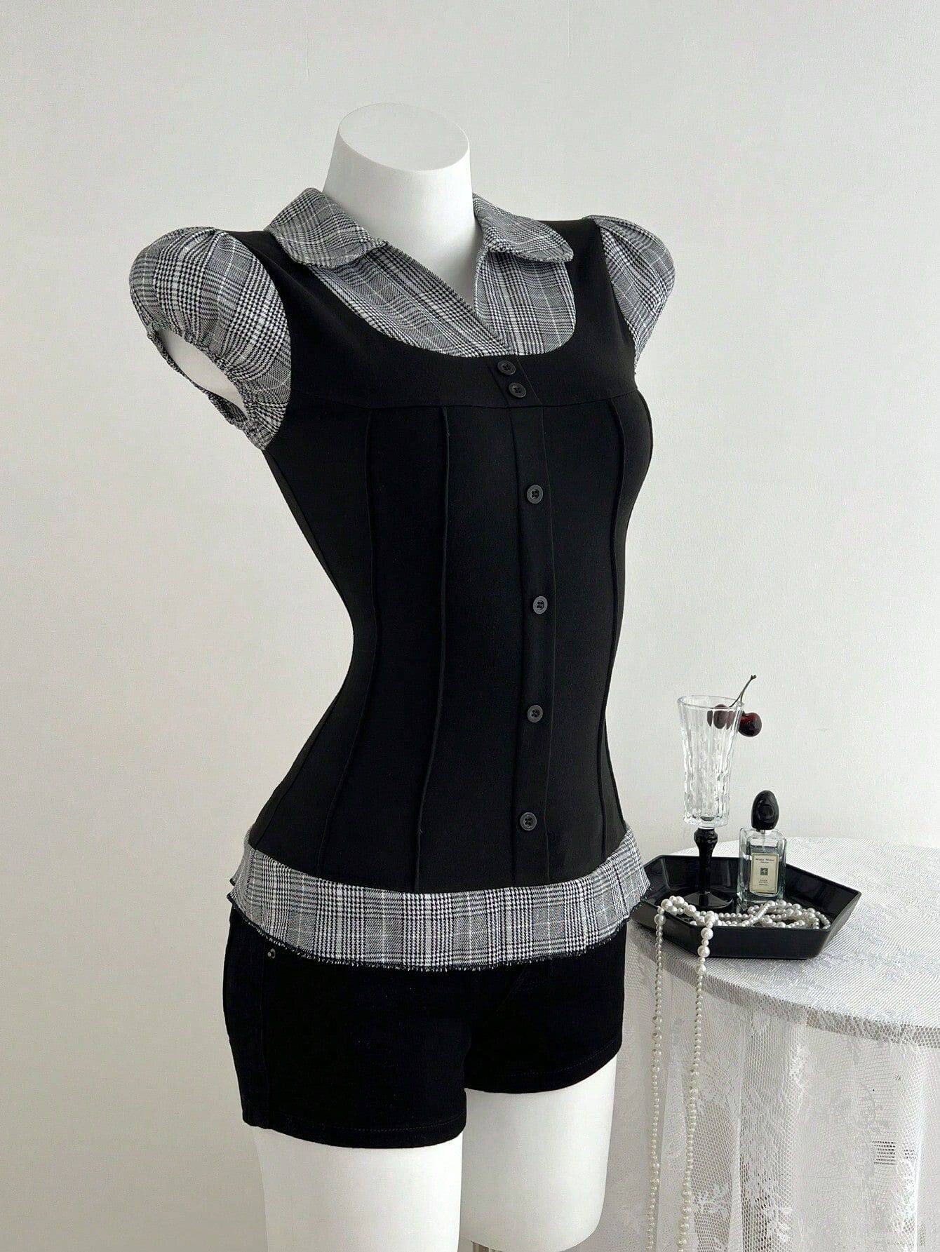Color Block Plaid Short Sleeve T Shirt Slim Fit Waist Cinching Design Casual Style Ready to Ship Low MOQ