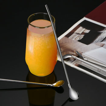 Creative Stainless Steel 304 Suction Pipe Spoon Integrated Dual-purpose Spoon Juice Milk Tea Lined Straw Household Mixing Small Spoon