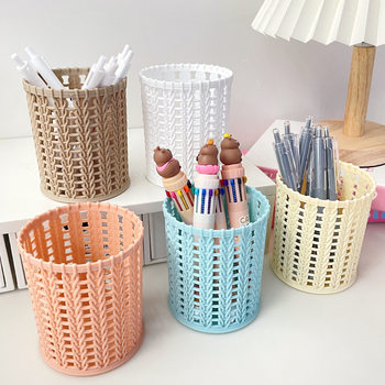 Creative Rattan-Like Plastic Pen Holder Desktop Storage Simple Hollow Pen Holder Large Capacity Office Stationery Round Pen Holder